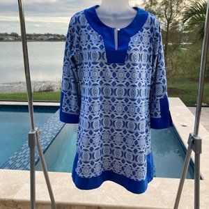 CABANA LIFE Tunic Dress UPF50 Blue Road Map Size Large Split Sleeve Detail